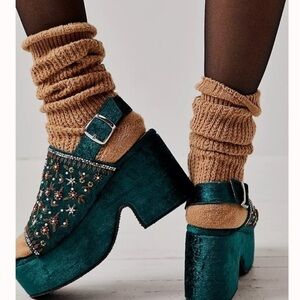RARE Free People Teal Green Velvet Platform Embellished Nicola Wedges Sandals